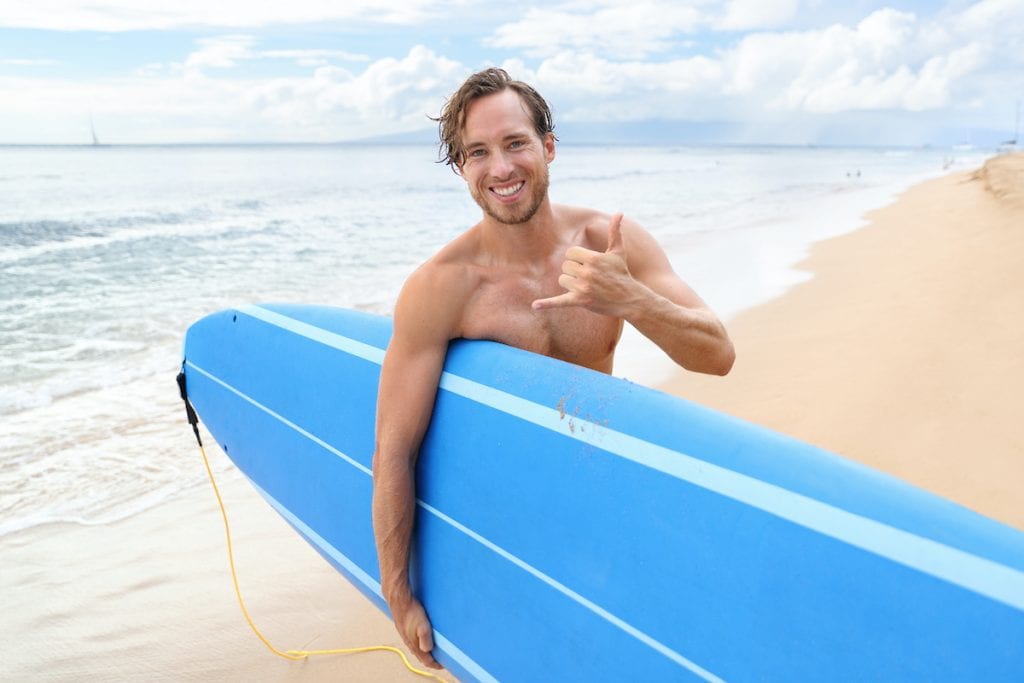 Surfer guy happy with surf surfing smiling doing hawaiian shaka hand sign for fun during surf session in ocean waves on beach vacation. Surfing travel destination. Friendly greeting in surfer culture.