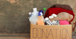 cardboard donation box filled with donated items