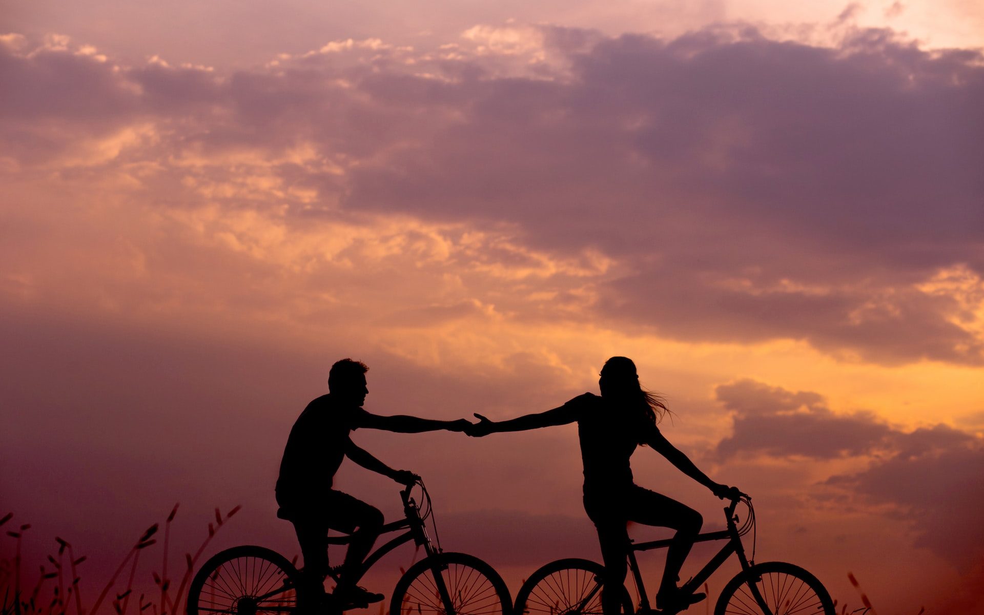 silhouette of bike riders at sunset