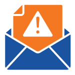 A blue envelope with an orange paper inside displaying a black warning triangle and exclamation mark, symbolizing a caution or alert message.