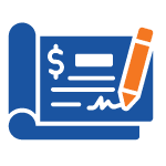 Icon of a blue rolled certificate with a dollar sign, lines, and squiggle, symbolizing a signature. An orange pencil symbolizes documentation or signing.