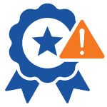Blue award ribbon with a star, overlaid by an orange triangle warning icon with exclamation mark, on black background, indicating caution or alert.