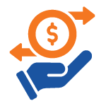Blue hand holding a circular orange symbol with a dollar sign and two arrows pointing left and right, on a black background, symbolizing financial exchange.
