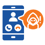 Phone call icon with mystery person. Blue phone shows user profile and call options. Orange speech bubble with cloaked figure suggests secrecy or alert.