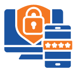 Icon of a computer and smartphone in blue, overlaid with an orange shield and padlock, symbolizing cybersecurity and data protection.