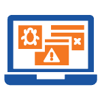 A blue laptop illustration showing orange pop-up windows with a bug icon, warning symbol, and error message, conveying a sense of computer malfunctions.