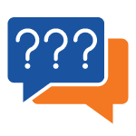 Two overlapping speech bubbles on a black background; a blue bubble shows three question marks, and an orange bubble is blank, symbolizing conversation or inquiry.