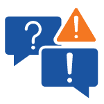 Two blue chat bubbles, one with a question mark and the other with an exclamation mark, are overlapped by an orange warning triangle with an exclamation mark, symbolizing communication and alerts.